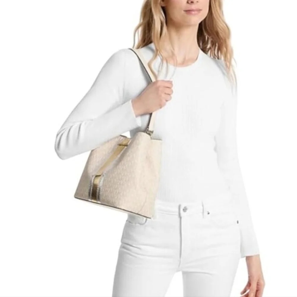 Michael Kors Pratt Medium Logo Center Stripe Shoulder Bag